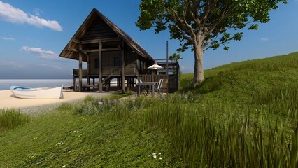 grass foreground tropical wooden house on the beach