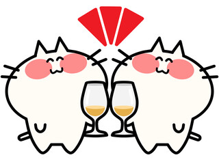 白ワインを飲むにゃんこ二匹のイラスト素材