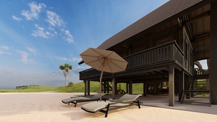 sun bed in tropical wooden house on the beach