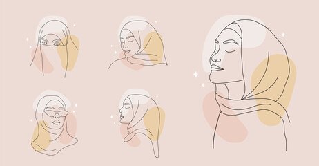 Set of minimalist female portraits on colored spots. Linear islamic women in hijab with closed eyes. Vector illustration in one line drawing style. Perfect for beauty logo.