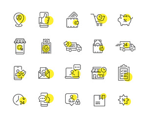 Online shopping e-commerce icons. 24 hour delivery, payment, support and discount. Pixel perfect, editable stroke line art