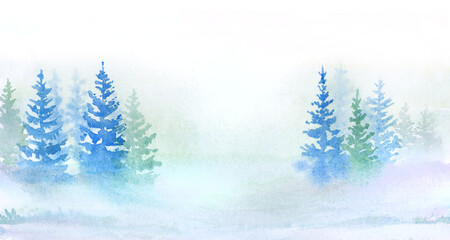 Watercolor natural winter background with fir trees on snow hand drawn illustration