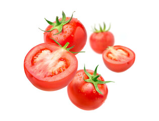 Fototapeta premium Fresh tomatoes levitate isolated on a white background.