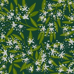 Seamless pattern of white flowers and green leaves on a dark background. Design for textile, wallpaper, paper.