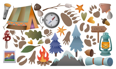 Hand Drawing Vector Colorful Camping Set. Natural colors and simple shapes. Use for poster, card, design, print, pattern, stickers.