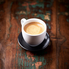 Cup of coffee on rustic wooden background. Copy space.	