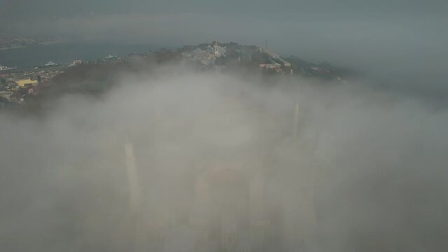 Hagia Sophia and Blue Mosque in the Fog Drone Video, Fatih Istanbul, Turkey