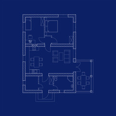 Blueprint floor plan of a modern house. Interior with furniture. Vector illustration. Architectural background.