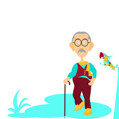 Cartoon front view of elderly glabrous man wearing glasses is standing with parrot on park on white background. Older blade man relaxing outdoor with bird.Vector isolate flat of Retirement grandpa