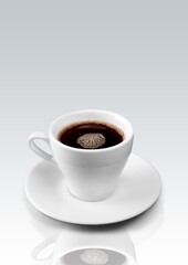 White ceramic cup with coffee on a pastel background