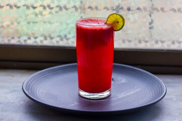 selective focus of watermelon juice, is ready to serve.