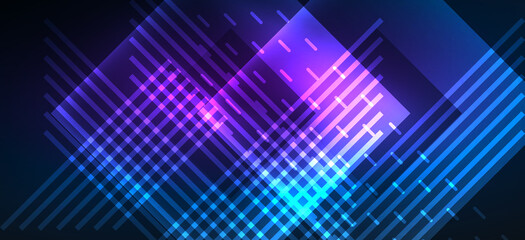 Obraz premium Background neon glowing lines and geometric shapes. Lights in the dark wallpaper for concept of AI technology, blockchain, digital, communication, 5G, science