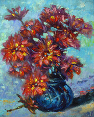 Oil painting of flowers in colorful vases , vegetation ,  natural beauty , wildflower