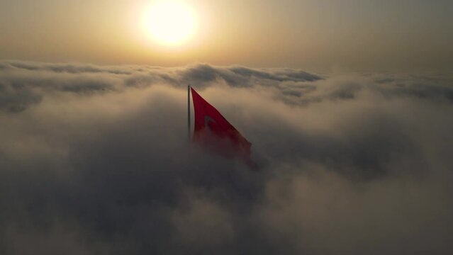 Turkish Flag in the Foggy Morning, Drone Video Uskudar, Istanbul Turkey	
