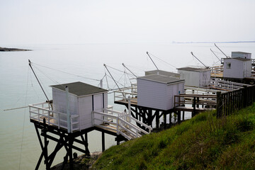 wooden fishing white huts on stilts in Saint-Palais Charente France