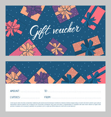 Gift voucher template with hand-drawn gift boxes with bow ribbons. Design concept for gift coupon, invitation, certificate, flyer, ticket. Stock vector illustration.