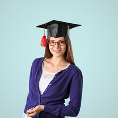 Education concept, Graduation and people concept - happy graduate student woman in mortarboard