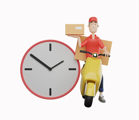 3d courier character riding a scooter to deliver packages beside a big clock on a white background. 3d rendering illustration