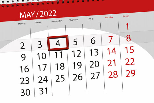 Calendar planner for the month may 2022, deadline day, 4, wednesday