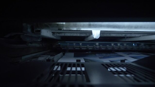 High speed labeling machine in industrial factory. Machine for sticker on product in manufacture. Flexible packaging.