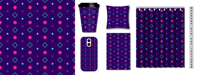 Obraz premium Cool contrasting geometric pattern with pink and turquoise ellipses, rhombuses on dark purple background. Colorful seamless texture. Flat vector illustration
