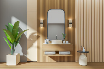 Beige bathroom interior with sink and deck, accessories and plant