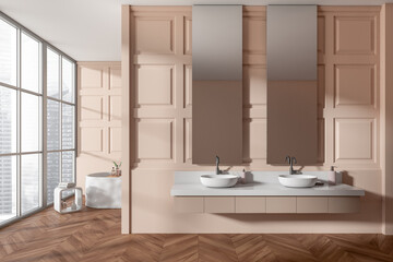 Bathroom interior with sink and bathtub on wooden floor, window