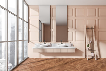 Light bathroom interior with sink and decoration, mirror and window on city view
