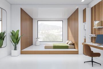 Bedroom interior, bed and table with computer, shelf and window