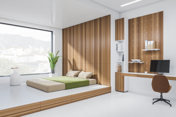 Bedroom interior, bed and desk with computer, shelf and window. Empty wall