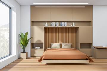 Beige bedroom interior with bed and books, window on countryside