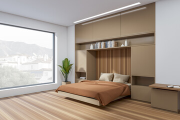 Fototapeta na wymiar Modern bedroom interior with bed and shelf, window on countryside