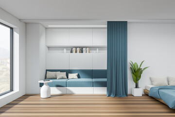 Light bedroom interior with bed and couch with shelf, panoramic window