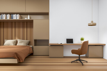 Wooden hotel interior with bed and desk with computer. Mockup