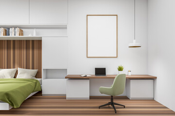 Bedroom interior with workplace and computer. Mockup frame