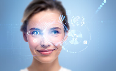 Young woman and biometric scanning, digital hologram with binary