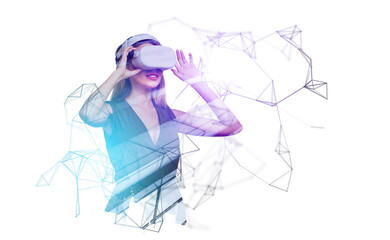 Businesswoman wearing vr glasses in virtual world, network conne