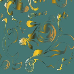 Naklejka premium Background for text. Background for the price list. The background is green with golden elements. Golden curls. golden frame