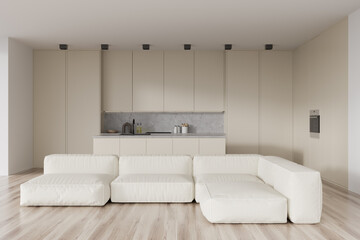 Front view on bright kitchen room interior with sofa, cupboard