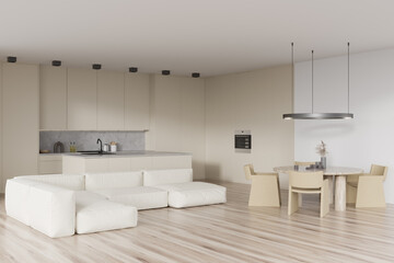 Fototapeta na wymiar Corner view on bright kitchen interior with sofa, dining table