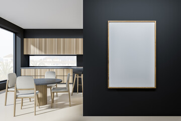 Naklejka na ściany i meble Black kitchen interior with table and seats, panoramic window. Mockup frame