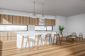 Corner view on bright kitchen room interior with dining table