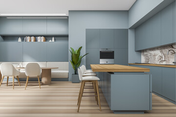 Modern kitchen interior with dining table and countertop, appliances