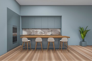 Modern kitchen interior with island and chairs, sink and kitchenware