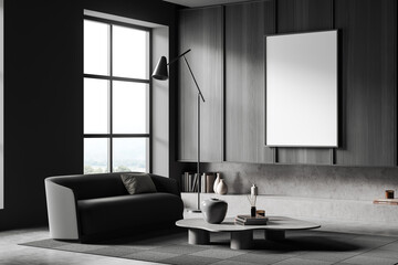 Grey chill room interior with couch and coffee table, window and mockup frame