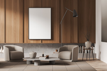 Front view on bright living room interior with white poster