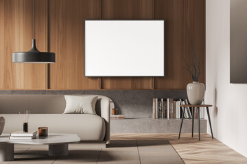 Light chill room interior with couch and coffee table, shelf and mockup frame