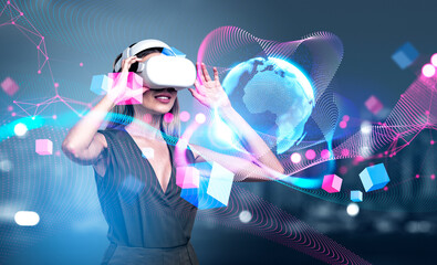 Businesswoman in vr glasses, cyberspace and earth sphere