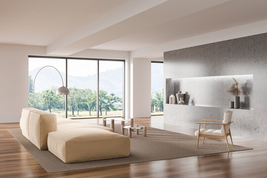 Light chill room interior with sofa and coffee table, chair and panoramic window