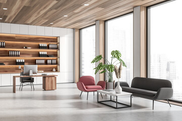 Office interior with chill zone and work desk with pc computer, panoramic window